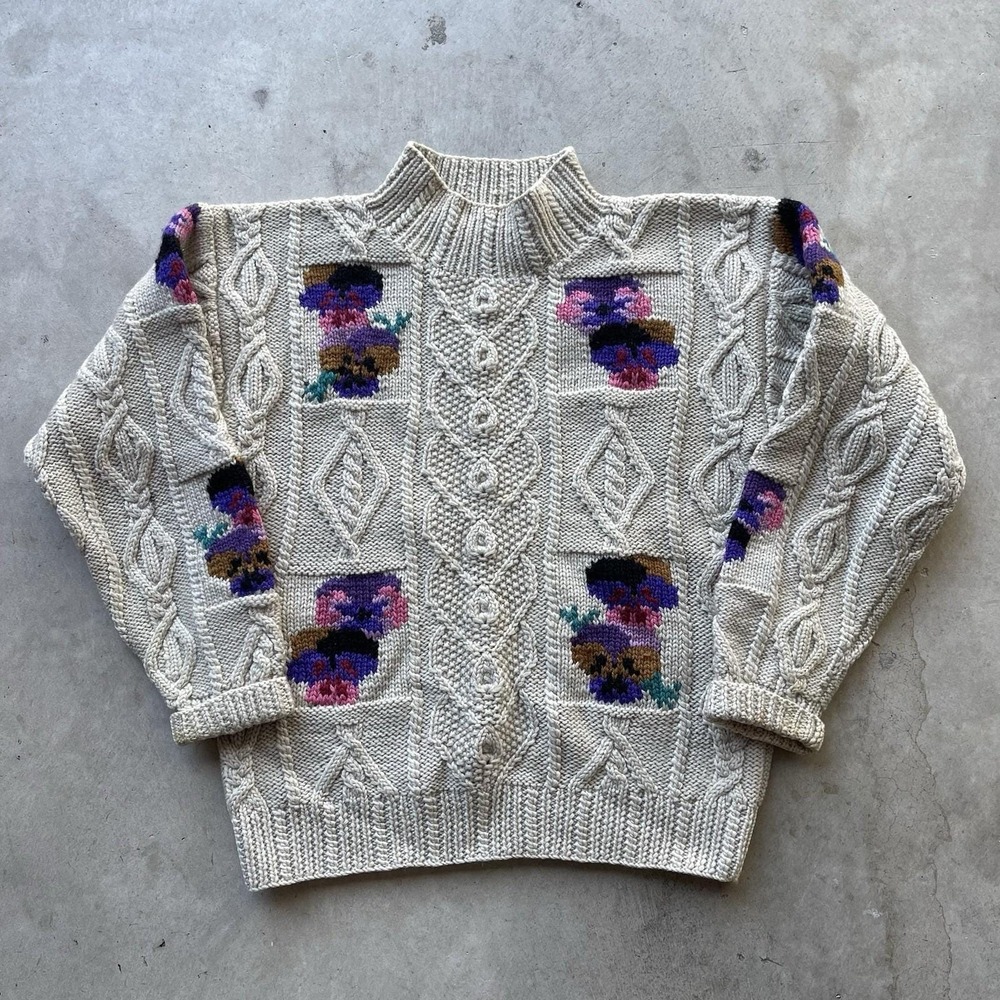 Vintage 80s Abercrombie & Fitch Wool Floral Aran Sweater Cable Knit Fisherman